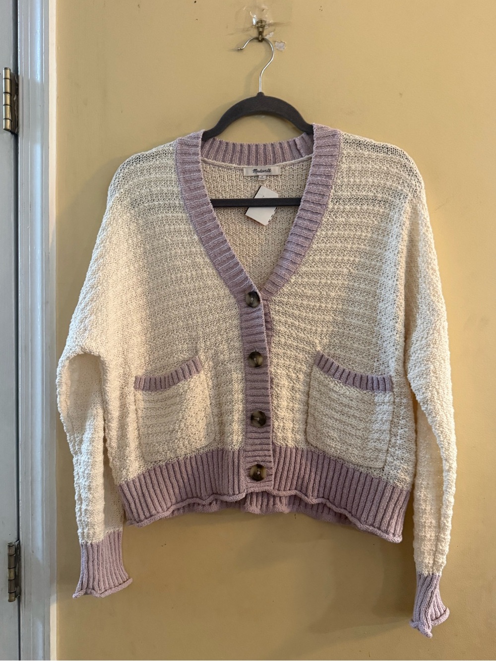 Madewell Seabrook Cardigan Sweater in Colorblock Antique Cream Pale Lilac, S